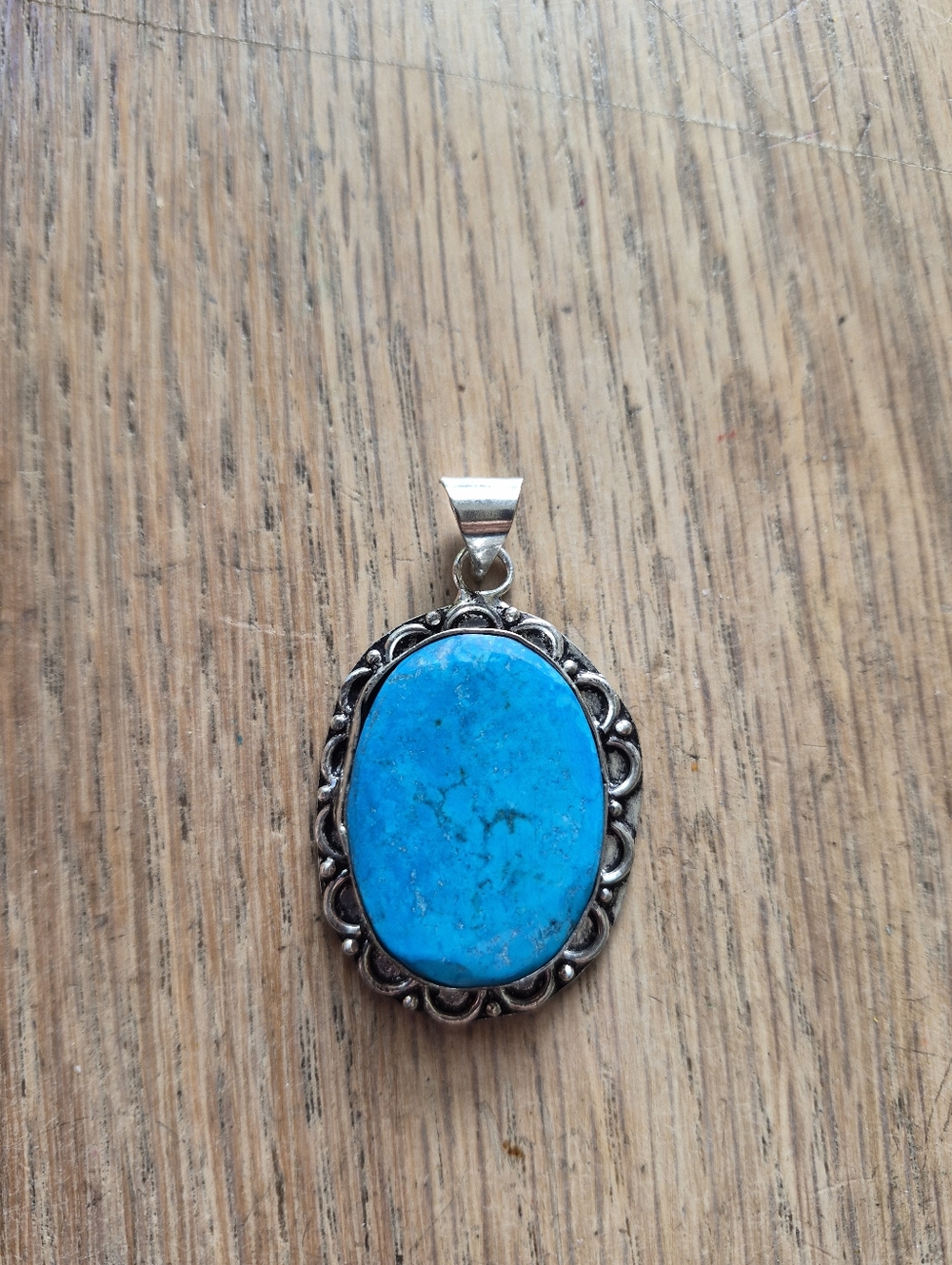 Turquoise Oval Silver Pendant - Bright Blue Stone